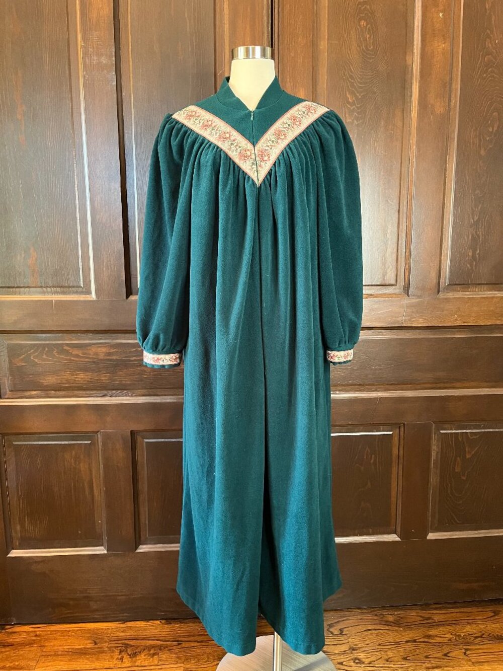 Vanity Fair Vintage Zip Robe Warm Kaftan Green Velour Tapestry Trim Pockets XL